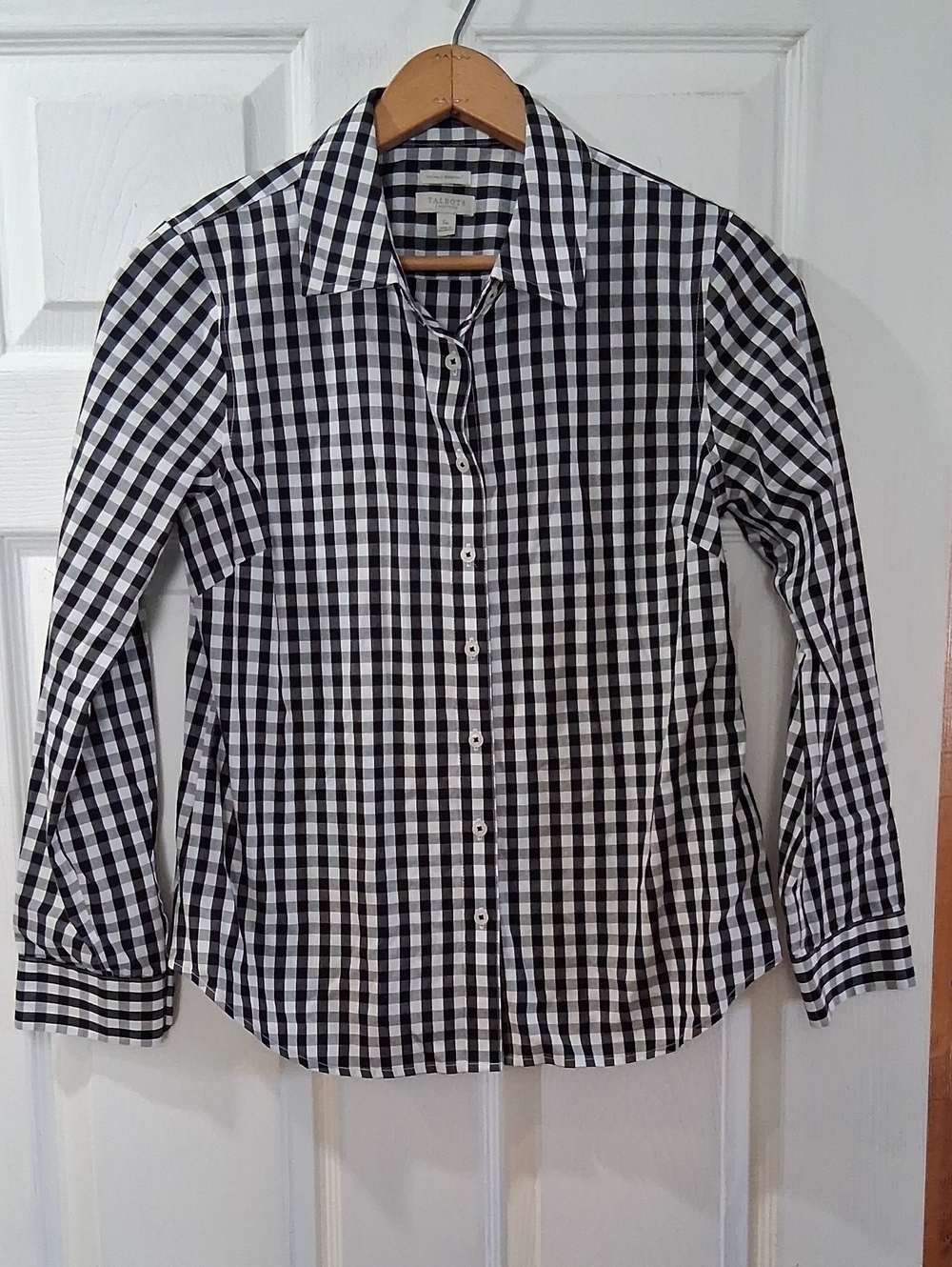 Talbots Black & White Gingham Button-Down Shirt - Classic Collared Top